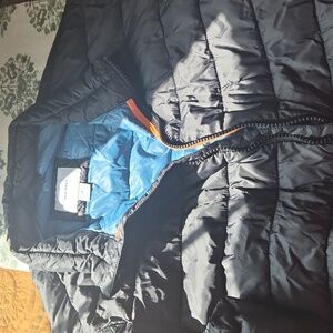 Young Mens Old Navy Puffer Jacket, Black with Blue and Orange Accents